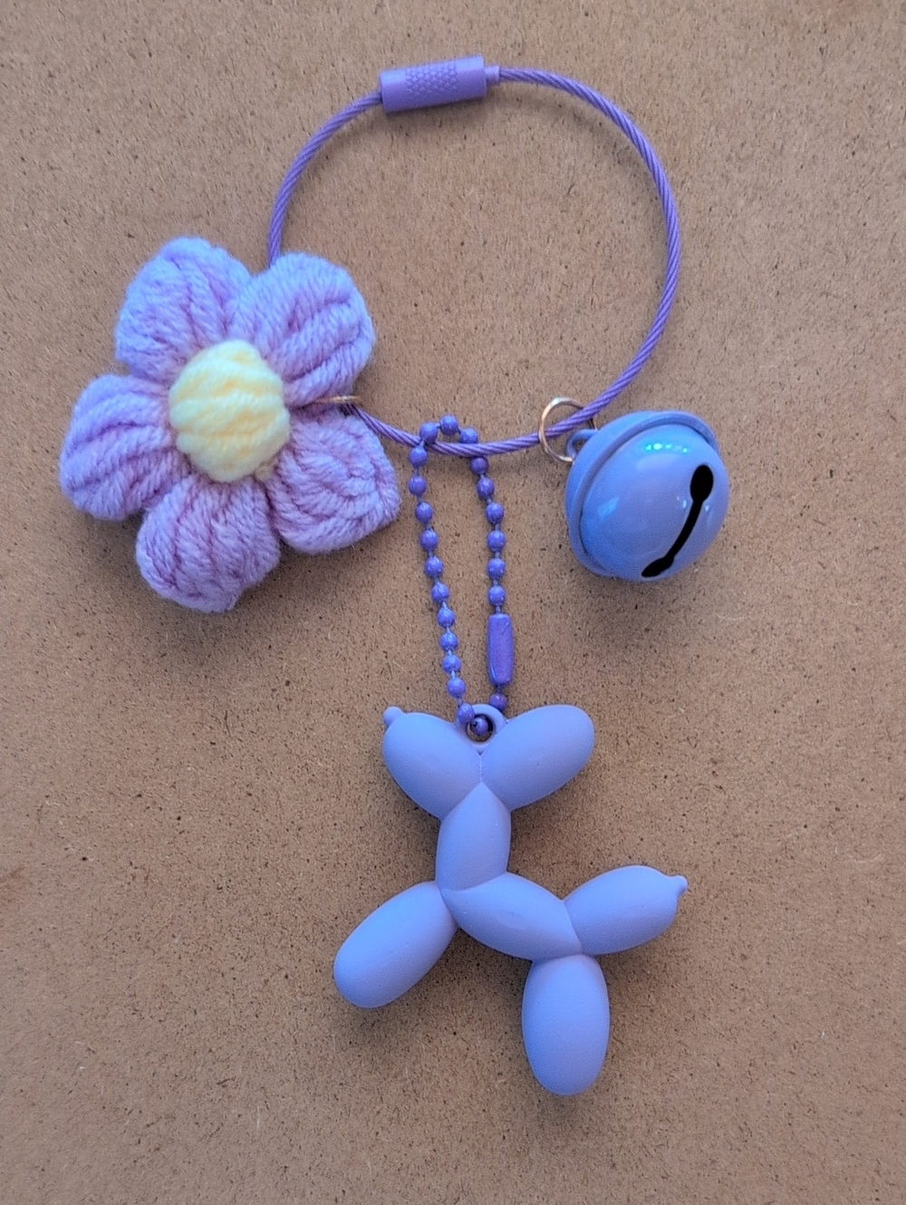 Lilac Flower & Balloon Dog Kids Keychain Bag Charm with Bell